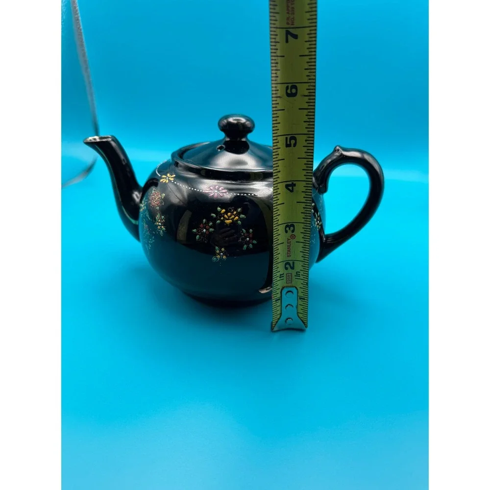 Vintage 1940s Japanese Moriage Redware Teapot Black‎ Floral Hand Painted Ceramic